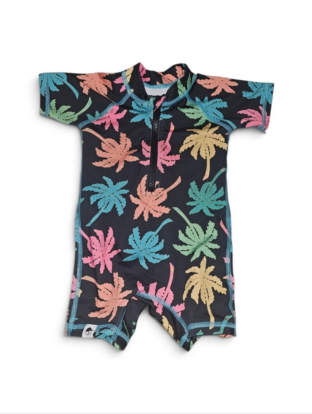 Short Sleeve Kids Rashguard One-Piece Swimsuit - Black with Multicolor Palm